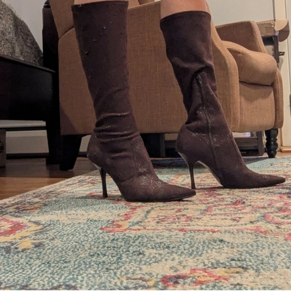 Guess Dark Brown Embossed Heeled Boots - Picture 4 of 8